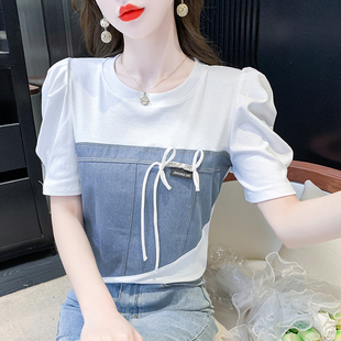 打底衫 百搭圆领拼色牛仔短袖 2024年气质法式 新款 上衣服 t恤女夏装
