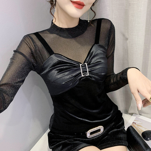 欧洲站秋季新款温柔风假两件T恤女性感透视网纱拼接长袖打底衫潮