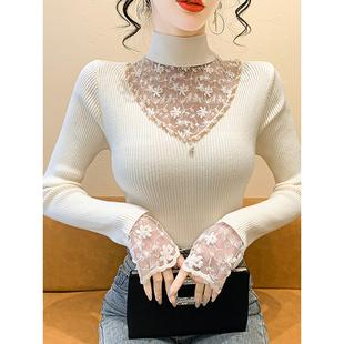 重工钉珠半高领镂空蕾丝拼接毛衣女秋冬季气质内搭打底针织衫上衣