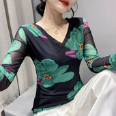 秋季 新款 修身 气质V领印花网纱t恤女长袖 体恤小衫 妈妈洋气显瘦上衣