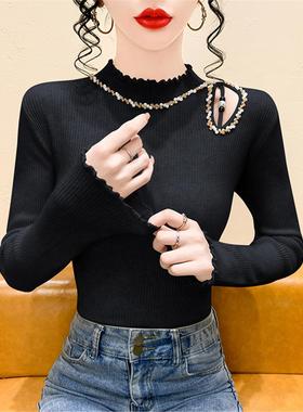 黑色木耳边针织打底衫女秋冬欧货设计感镂空钉珠毛衣内搭长袖上衣