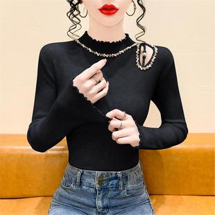 黑色木耳边针织打底衫女秋冬欧货设计感镂空钉珠毛衣内搭长袖上衣
