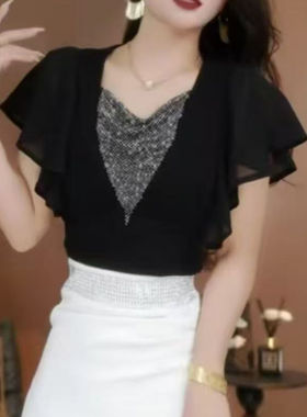 欧货设计感小众V领烫钻飞飞袖小衫女夏季新款宽松时尚洋气T恤上衣