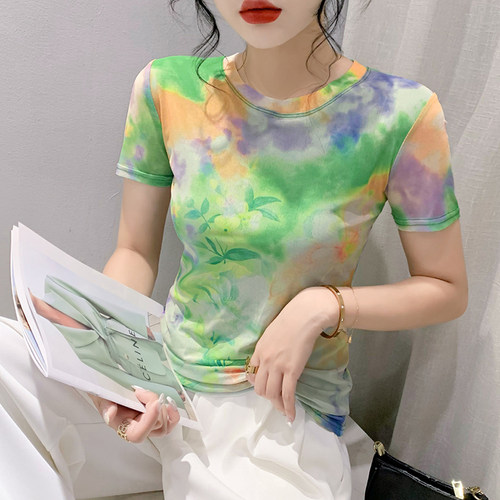 扎染印花，圆领短袖，修身显瘦