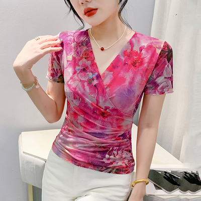 时尚扎染印花小衫女夏性感V领褶皱短袖T恤修身百搭冰丝网纱上衣潮