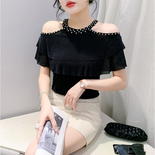 设计感夏季性感露肩荷叶边短袖网纱钉钻时尚百搭T恤女上衣ins小衫