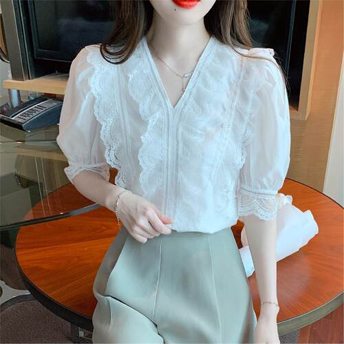 v领白色蕾丝纺衬衣女款2025新款爆款夏轻奢高级感小衫短袖上衣女