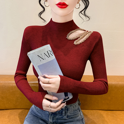 半高领镂空钉珠长袖针织衫女秋冬半高领内搭打底衫修身高级感上衣