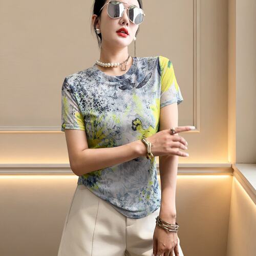 晕染印花网纱短袖T恤女士夏季2026时尚减龄上衣修身显瘦洋气小衫