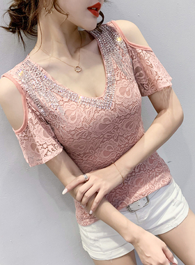 女装2024新款性感露肩T恤女短袖夏季时尚烫钻蕾丝上衣洋气小衫潮