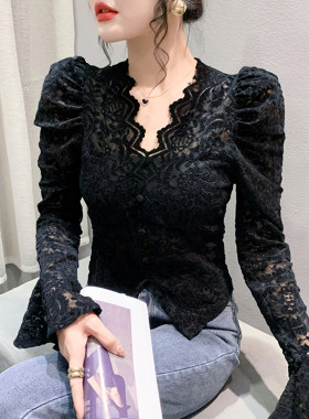长袖通勤常规不对黑色V领开叉