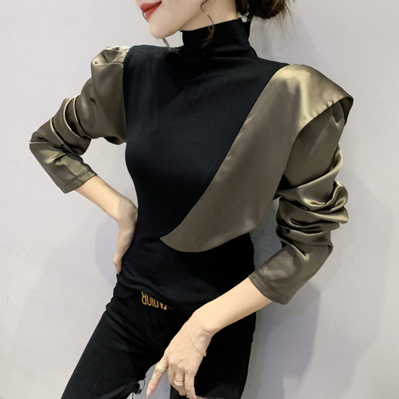 高领打底衫女秋冬设计感气质荷叶边上衣洋气修身撞色内搭长袖T恤