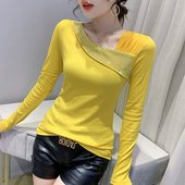 新款 网纱拼接T恤女长袖 时尚 2024秋季 烫钻性感镂空上衣百搭打底衫