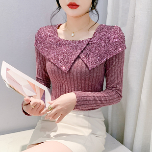 打底衫 t恤修身 洋气珠片刺绣长袖 时髦女人味荷叶边上衣女春秋新款