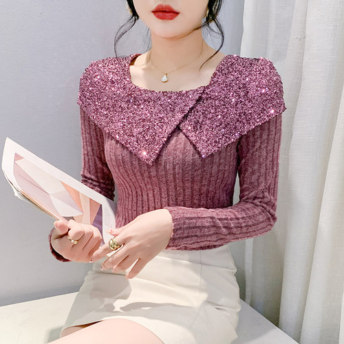 时髦女人味荷叶边上衣女春秋新款洋气珠片刺绣长袖t恤修身打底衫