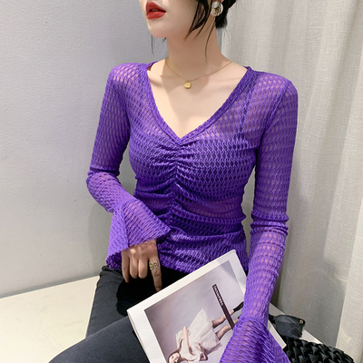 长袖通勤薄款3D其性感V领褶皱