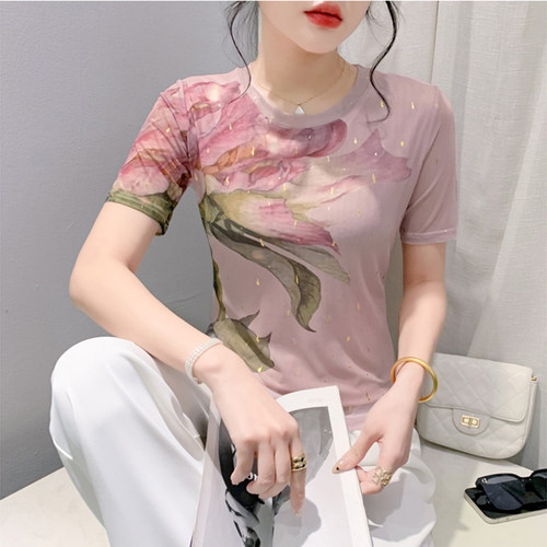欧货女装时尚烫金网纱印花打底衫女短袖洋气减龄上衣修身百塔T恤