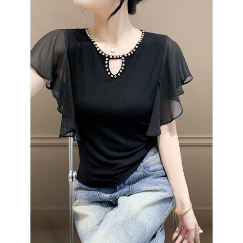 欧货小衫女夏装新款性感镂空钉珠短袖T恤气质雪纺拼接荷叶边上衣