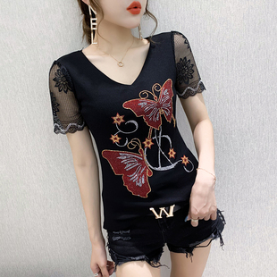 时尚 烫钻T恤女短袖 夏装 小众设计感洋气上衣显瘦百搭冰丝网纱小衫
