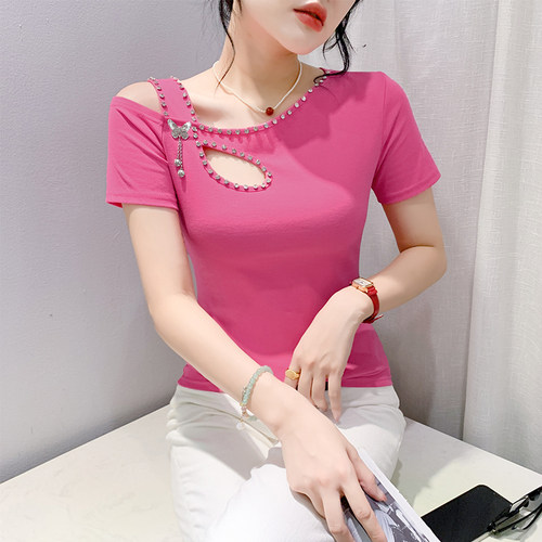 时尚减龄蝴蝶上衣女夏季性感镂空露肩短袖T恤修身纯棉半袖体恤衫