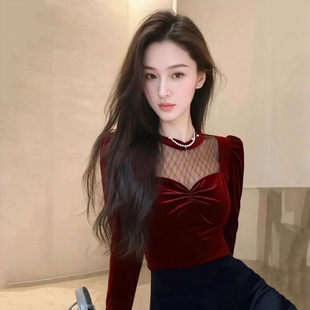 纯欲风红色网纱拼接丝绒衬衫女秋冬季2025新款高级感轻奢内搭上衣