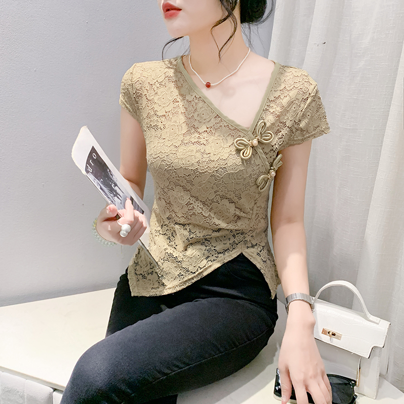 盘扣V领蕾丝打底小衫女夏季气质洋气开叉内搭短袖T恤漂亮别致上衣