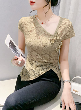 盘扣V领蕾丝打底小衫女夏季气质洋气开叉内搭短袖T恤漂亮别致上衣