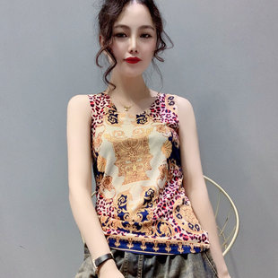复古港味圆领个性 韩版 印花无袖 T恤女大码 2024夏季 背心吊带衫 新款