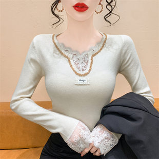 2025新款 女秋冬季 洋气内搭上衣毛衣 针织打底衫 钉钻蕾丝边V领长袖