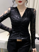 洋气烫钻上衣紧身内搭打底小衫 2024秋冬新款 性感V领网纱T恤女长袖