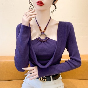 韩系挂脖假两件荡领针织衫 掐腰漂亮绝美上衣 女早秋氛围感穿搭修身