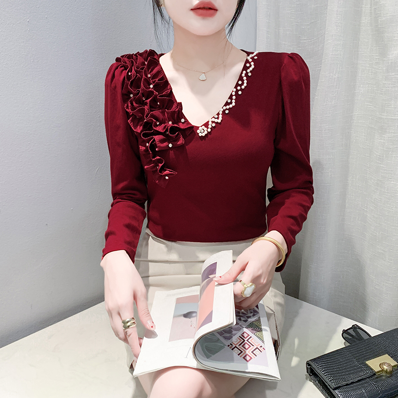 2024秋季新款性感V领T恤女长袖木耳边拼接钉珠上衣洋气百搭打底衫
