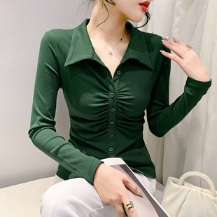 设计感下摆开叉上衣洋气显瘦收腰打底衫 新款 秋装 性感V领T恤女长袖