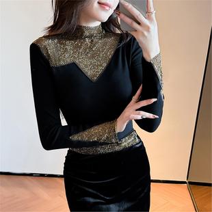 内搭保暖上衣洋气小衫 加厚磨毛打底衫 女秋冬性感镂空烫钻T恤长袖