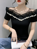 性感一字肩短袖 洋气设计感T恤 网纱拼接小衫 上衣女士2024夏装 新款