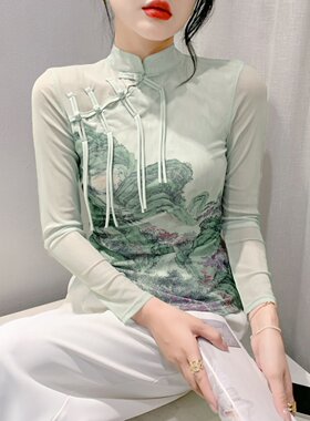 国风复古盘扣长袖T恤女装洋气旗袍式上衣春装时尚印花网纱打底衫