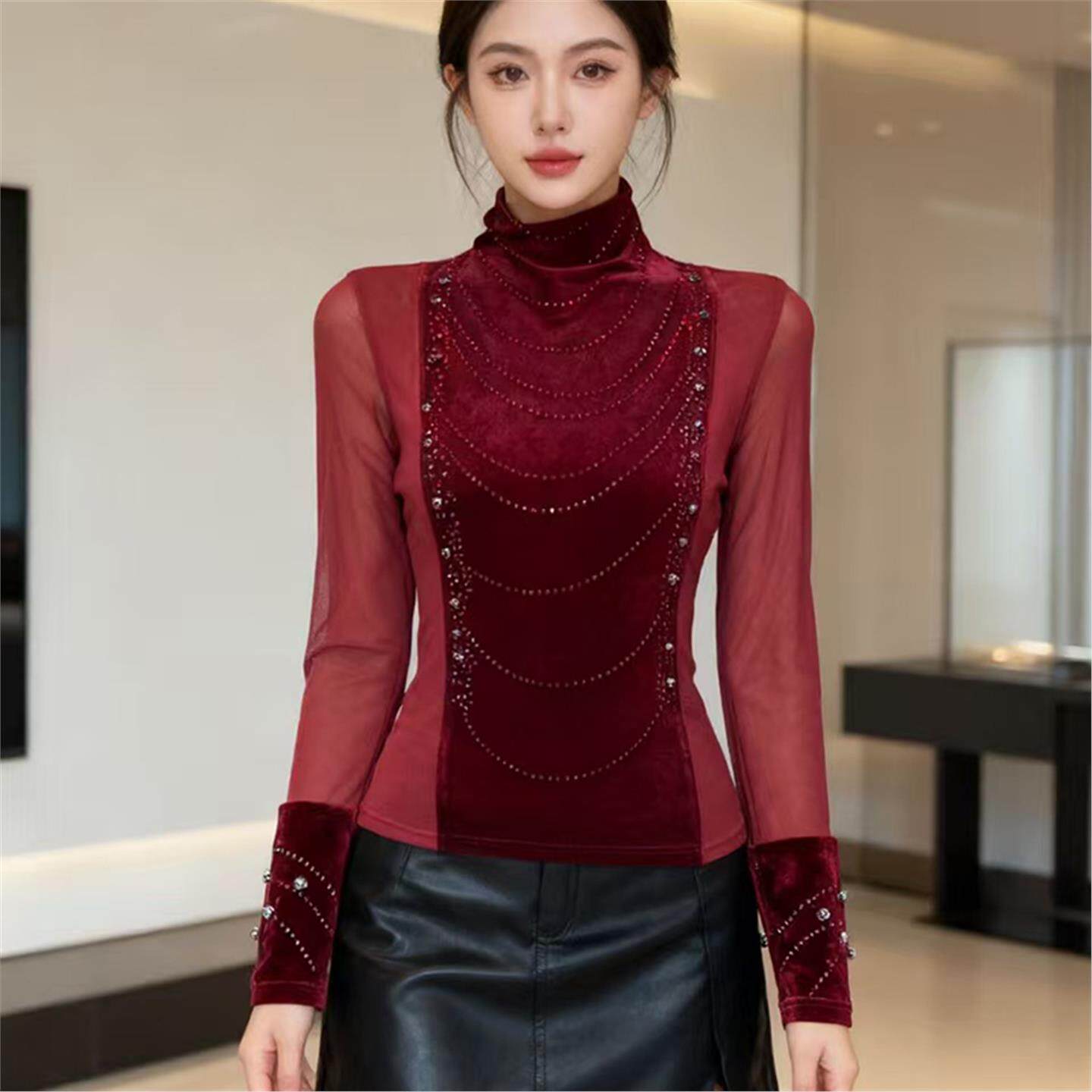 修身长袖新款女t恤烫钻网纱上衣丝绒高级感2025年秋冬时尚打底衫