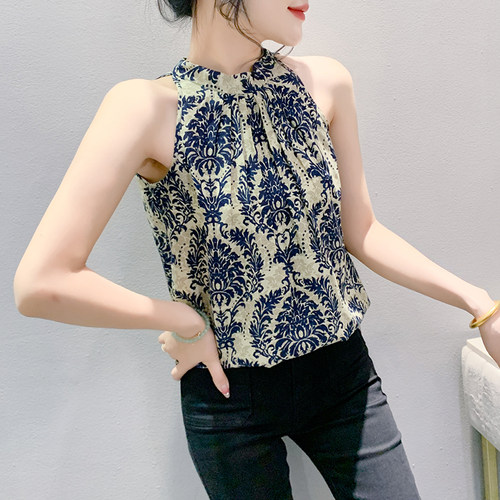 时尚印花无袖雪纺衫女夏季新款显瘦小衫别致洋气度假外穿背心上衣