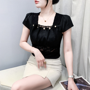 潮 性感方领锁骨上衣女夏装 新款 时髦蕾丝拼接短袖 T恤洋气显瘦小衫