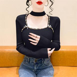 内搭打底衫 修身 上衣 长袖 欧货方领挂脖毛衣女秋冬设计感钉珠针织衫