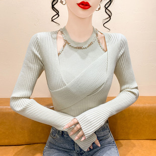 假两件钉珠镂空挂脖针织打底衫 高级感内搭上衣毛衣 女秋冬2025新款