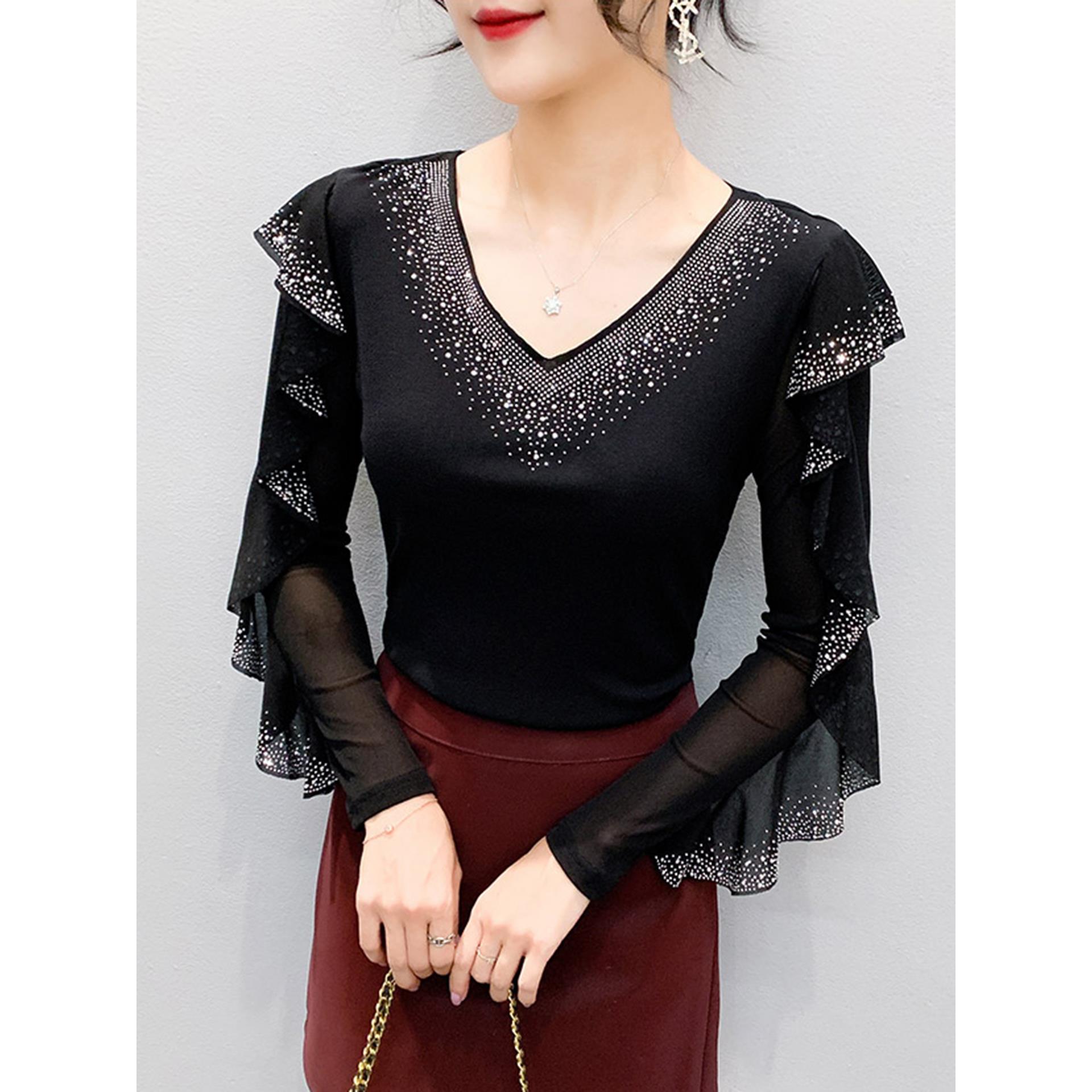 性感V领烫钻T恤女长袖欧货时尚荷叶边网纱上衣洋气显瘦打底衫秋冬