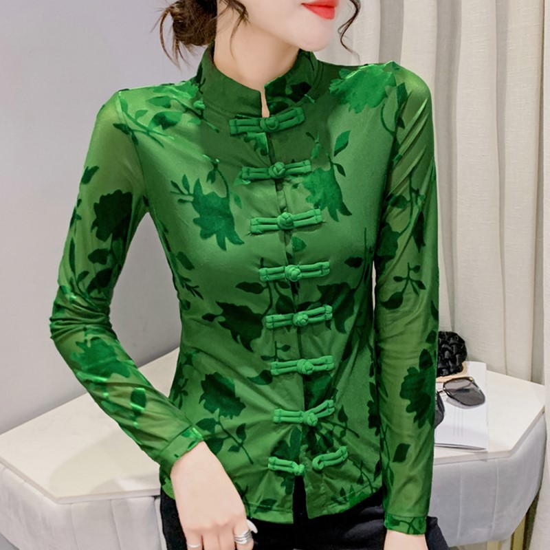 修身韩版盘扣长袖网纱