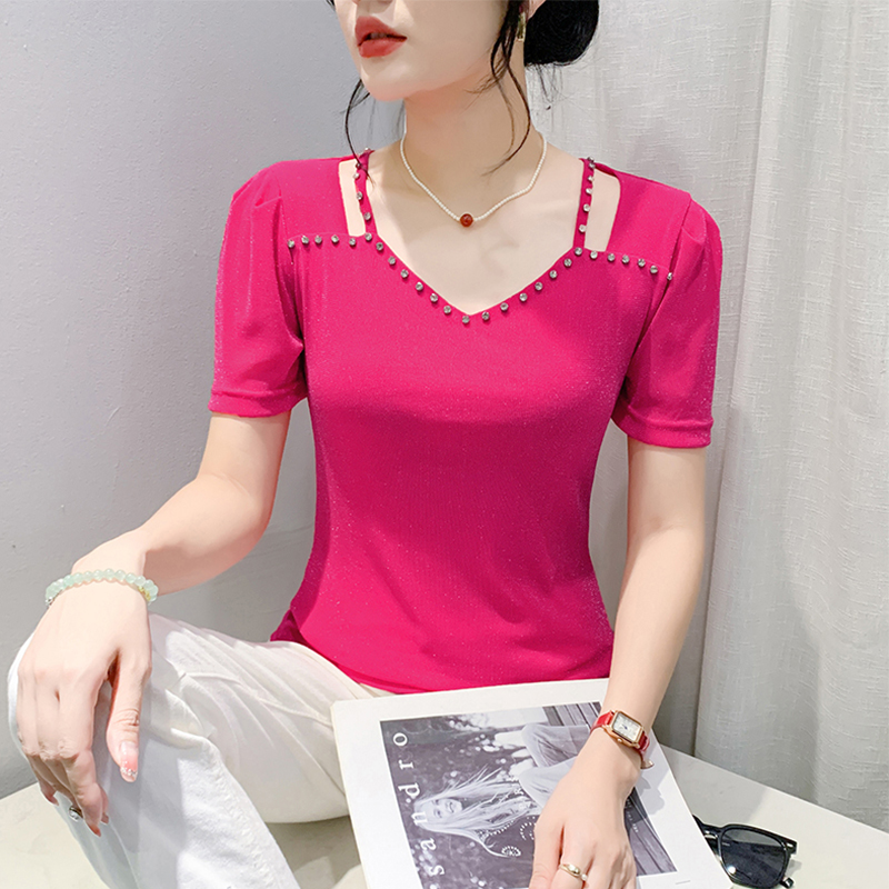 时尚女人味烫钻体恤女夏季性感V领镂空短袖T恤洋气修身网纱上衣潮