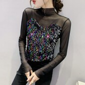 网纱拼接性感长袖 潮 撞色闪亮片上衣洋气打底衫 T恤女2024春装 新款