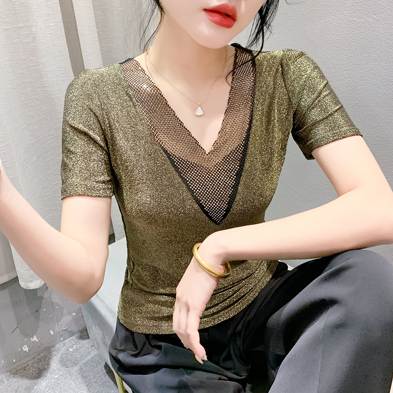 烫钻性感V领修身短袖T恤女夏季欧货显瘦减龄半袖上衣气质百搭小衫