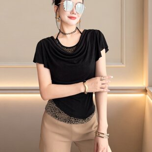 黑色假两件短袖T恤女士夏季欧货设计感挂颈上衣修身显瘦气质小衫
