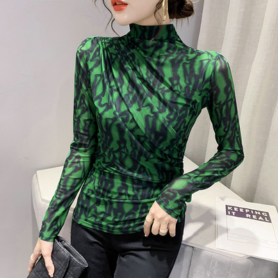 半高领打底衫女秋冬2024新款潮欧货印花网纱上衣长袖T恤洋气小衫