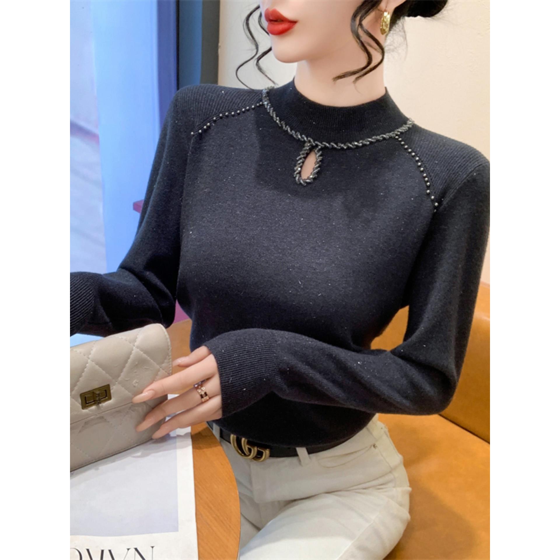 半高领毛衣打底衫女秋冬季设计感镂空钉珠针织衫长袖洋气内搭上衣