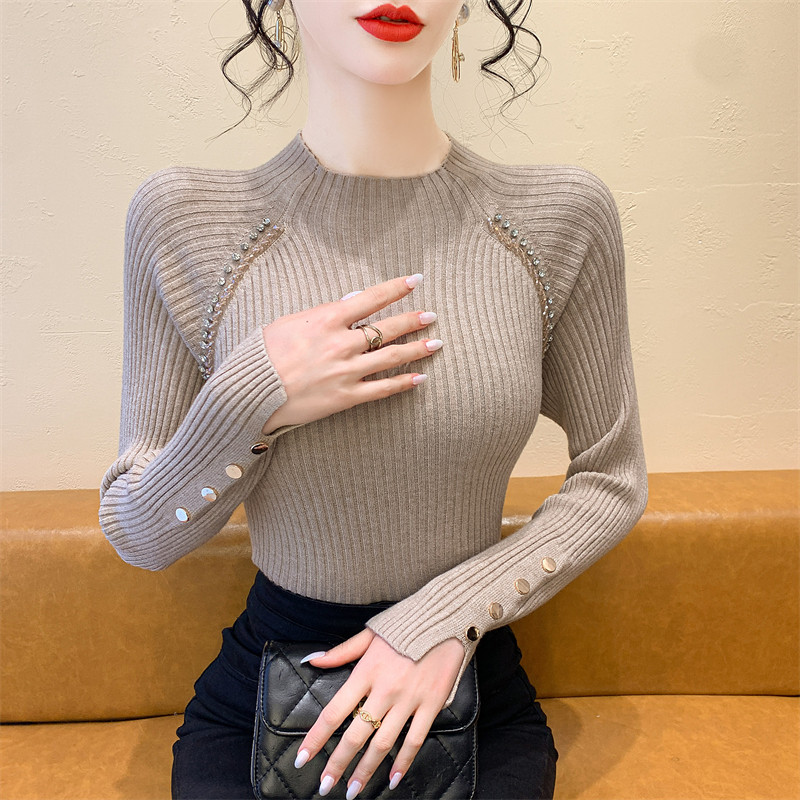 半高领重工订珠气质针织衫毛衣女秋冬季新款高级感洋气打底衫上衣,女装/女士精品,毛针织衫,淘宝优惠券,粉丝福利购,淘宝优惠卷